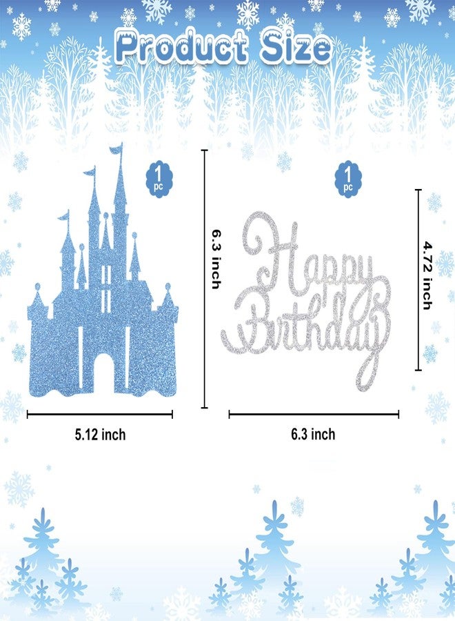 Wootkey 2Pcs Frozen Castle Cake Toppers Blue Princess Cake Decorations Frozen Theme Birthday Castle Party Picks for Winter Wonderland New Year Party Supplies - Image 2